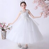 baratos Vestidos floridos-Vestido para Meninas das Flores Crianças Para Meninas Vestido de princesa Espetáculo Casamento Festa Elegante Lindo Com Transparência Côr Sólida Sem Manga Gola Redonda Branco Rosa 4 anos +