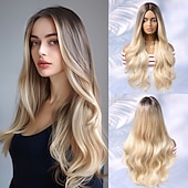 levne Syntetické trendy paruky-lisa rinna inspirovaná paruky syntetická paruka uniformy kariéra kostýmy princezna kudrnaté tělo vlna střední část vrstvený střih strojkem vyrobený paruka 26 palcová světle hnědé syntetické vlasy dámská párty móda