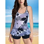 billiga Tankinis-Dam Badkläder 2 st Shorts Baddräkt Öppen rygg geometriska Grafisk Blomma Rund Semester Stylish Baddräkter