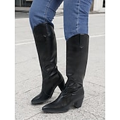 cheap Cowboy &amp; Western Boots-Black Faux Leather Knee-High Western Boots with Pointed Toe and Block Heels – Chic Cowgirl Style for Women