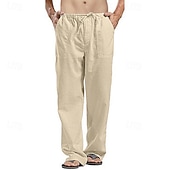 cheap Classic-Men&#039;s Linen Pants Trousers Summer Pants Beach Pants Pocket Drawstring Elastic Waistband Plain Comfort Breathable Full Length Daily Streetwear Fashion Casual / Sporty Loose Fit Dark Khaki Black