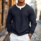 economico T-shirt in maglia waffle-Per uomo Maglietta Waffle Felpa Pullover Maglietta Camicia a Maniche Lunghe Manica Lunga Girocollo Scollo a V Primavera &amp; Autunno Semplice Moda Designer Essenziale Moda Finto due pezzi Vacanza