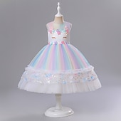 billige Enhjørningskjoler-Blomsterpikekjole Barn Jente Prinsesse kjole Ytelse Bryllup Fest Elegant Vakker Netting Blomstret Ermeløs Crew-hals Hvit Rosa 4 år +