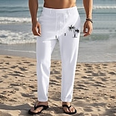 baratos Feriado-Homens Calças de linho Calças Calça verão Calças de praia Com Cordão Cintura elástica Perna reta Coqueiro Conforto Respirável Comprimento total Diário Feriado Praia Férias Moda Preto Branco