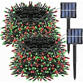 billige Soldrevet-2 stk 10m 100led solcellelys – røde og grønne vanntette utendørs lysstrenger til jul gårdsplass hage balkong gjerde juletre festlig atmosfære dekorativ lysstreng