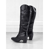 cheap Cowboy &amp; Western Boots-Black Faux Leather Knee-High Western Boots with Pointed Toe and Block Heels – Chic Cowgirl Style for Women