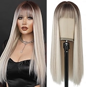 economico Parrucche trendy sintetiche-parrucca lunga e dritta con frangia parrucca parrucca sintetica resistente al calore con radici scure crea parrucche dall&#039;aspetto naturale per le donne parrucca da festa cosplay e per uso quotidiano