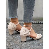 Χαμηλού Κόστους Block Heels-γυναικείες μπεζ φλοράλ κομμένες κούπες με τακούνι με λουράκι στον αστράγαλο - κομψά παπούτσια φορέματος για δουλειά, γάμους και πάρτι