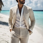 voordelige Strandpakken-Heren Zomer Bruiloft Linnen Pakken Beige Groomsmen Pakken Effen Gekleurde Maatwerk Pasvorm 2 Delig Enkele Knop