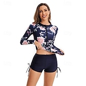 abordables Lycra de surf-Femme Anti UV Maillot de bain Protection solaire UV UPF50+ Poids Léger manche longue Spandex Maillots de Bain Maillot de bain 2 Pièces Zip sur le devant Natation Surf Plage Sports nautiques Floral