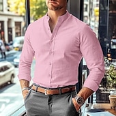 cheap Business Casual-Men&#039;s Shirt Band Collar Shirt Summer Shirt Dress Shirt Button Up Shirt Solid Color Work Wear to work Black White Pink Blue Long Sleeve Collar Clothing Apparel