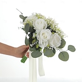 abordables Plantas y Flores Artificiales-Ramos de novia para boda, ramo de novia de flores artificiales de seda de eucalipto y rosa con aliento de bebé, flores artificiales estilo bosque para accesorios de fotografía de boda al aire libre
