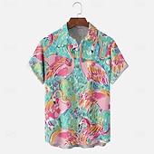 baratos Pássaros &amp; Animais-Homens Flamingos Camisa havaiana Camiseta Aloha Manga Curta Havaiana Estilo Praia Férias Verão Primavera Aberto para a Lateral Abotoar Rosa