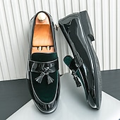 cheap Semi-Formal-Men&#039;s Black Patent Faux Leather Tassel Loafers – Velvet Accent Slip-On Dress Shoes for Wedding and Formal Wear