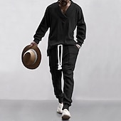 olcso Férfi Basic Tees szettek-Férfi Póló öltönyök Tracksuit Pólók és húzózsinóros hosszú nadrágok Hosszú ujj V-alakú Tavasz &amp; Ősz Sima Testedző Alkalmi 2 db Kötni Vakáció Hétköznapi viselet Sportruházat Fekete Fehér Tengerészkék