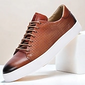 billiga Premium sneakers i läder-bruna lädervävda sneakers med vit sula för män | mångsidig för casual och business casual