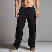 baratos Clássico-Homens Calças de linho Calças Calça verão Calças de praia Cintura elástica Com Cordão Perna reta Tecido Conforto Respirável Comprimento total Casual Diário Feriado Moda Estilo Clássico Preto Branco