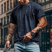 cheap Casual Henley Tee-Men&#039;s Henley Shirt Tee Short Sleeve Solid Color Plain Distressed Buttons Washed Henley Outdoor Casual Daily Summer Spring &amp;  Fall Black Gray Navy Blue Henley T-Shirt