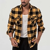 cheap Men&#039;s Shirt Jacket-Men&#039;s Shirt Summer Shirt Casual Shirt Beach Shirt Button Up Shirt Overshirt Yellow Blue Long Sleeve Plaid Lapel Vacation Hawaiian Button-Down Clothing Apparel Fashion Casual Comfortable
