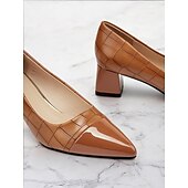 رخيصةأون Block Heels-حذاء نسائي أنيق باللون البني منقوش بجلد التمساح بكعب عريض | مثالي للعمل والحفلات