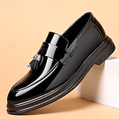 levne Poloformální-pánské černé lakované střapcové mokasíny – elegantní slip-on společenské boty pro formální události, svatby a obchodní oblečení