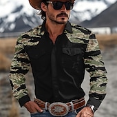 preiswerte Westernhemden für Herren-Herren camuflaje Tarnfarben Westernhemd Cowboy-Shirt Langarm Western Brautkleider schlicht Outdoor Frühling Herbst Umlegekragen 2 Taschen Schwarz Braun Grün Khaki