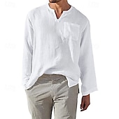 billiga Business Casual-Herr Skjorta linneskjorta Casual skjorta Slät Semester Hawaiisk Svart Vit Grön Aprikos Långärmad V-hals Vår &amp; Höst Kläder Ficka
