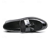 cheap Semi-Formal-Men&#039;s Black Patent Faux Leather Tassel Loafers – Velvet Accent Slip-On Dress Shoes for Wedding and Formal Wear