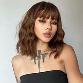cheap Synthetic Trendy Wigs-Brown Wig with Bangs Short Wavy Wigs for Women Auburn Brown Curly Shoulder Length Bob Wig Synthetic fiber Wigs for Daily Party Use 14 Inch