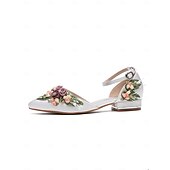 tanie Półformalny-damskie białe, kwiatowe, płaskie buty ślubne z paskiem przy kostce - eleganckie buty ślubne na śluby i ceremonie w ogrodzie