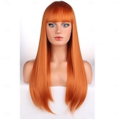 billige Syntetiske trendy parykker-mørk oransje parykk for kvinner lang rett rød kobberparykk med smell ingefær kastanjebrunt hår parykker syntetisk varmebestandig fiber halloween cosplay kostyme daglig festbruk