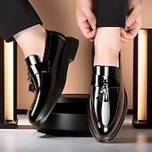 levne Poloformální-pánské černé lakované střapcové mokasíny – elegantní slip-on společenské boty pro formální události, svatby a obchodní oblečení