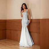 ieftine Rochii de Banchet-Rochii de Bal Tip Sirenă  Trompetă Rochie Elegantă Formală de Nuntă Lungime la Podea Fără Mâneci Guler în V cu Paiete și Franjuri