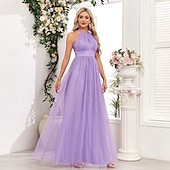 levne Šaty pro svatební hosty-A-line šaty pro svatební hosty elegantní šaty svatební hosti na večírky maximální délky bez rukávů halterneck podzimní svatební host tulle s mašlí