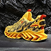economico Sneakers da uomo-sneakers da uomo verde neon con fiamme, design audace a onde con tomaia traspirante e suola ammortizzata, perfette per lo streetwear e uno stile di vita attivo
