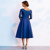 voordelige Thee Lengte-A-Lijn Moeder van de Bruid Jurk Elegante V Hals Theelengte Kant 3/4 Lengte Mouw met Strik(ken) Race Dag Jurk