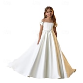 cheap Flower Girl&#039;s Dresses-Flower Girl Dress Girls&#039; First Communion Dress Party Dress Performance Wedding Party Princess Sweet Mesh Solid Color Sleeveless Off Shoulder Ivory kids