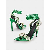 economico cocktail-Sandali con tacco a spillo da donna in pelle metallizzata verde con lacci e decorazioni in strass – sandali glamour per cocktail party e serate