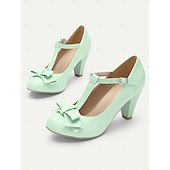 voordelige Jaren 50-dames mintgroene t-band mary jane hakken met strikdetail - vintage stijl pumps voor feesten en formele gelegenheden