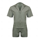 cheap Men&#039;s Basic Shirts Sets-Men&#039;s 2 Piece Shirt Set Summer Set Matching Sets Casual Shirt Corduroy Shirt khaki Gray Short Sleeve Plain Collar Vacation Daily Clothing Apparel Fashion Casual Comfortable