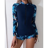 halpa Ihottumavartiot-Naisten Rashguard-uimapuku Kevyt Pitkähihainen Uima-asut Uimapuku 2-osainen Etuvetoketju Uinti Lainelautailu Hiekkaranta Vesiurheilu Kukat Tilkkutäkki Painettu Kesä Kevät Syksy