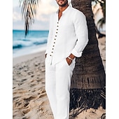 Χαμηλού Κόστους Σετ ανδρικών πουκάμισων βασικών-Ανδρικά Πουκάμισο Guayabera 2 Κομμάτια Σετ πουκαμίσου Ταίριασμα σετ Casual πουκάμισο Σκέτο Διακοπές Εξόδου Μαύρο Λευκό Μπλε Απαλό Μακρυμάνικο Όρθιος γιακάς Ανοιξη καλοκαίρι Ρούχα Μπροστινή τσέπη