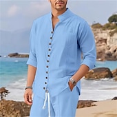 economico Set di camicie basic da uomo-Per uomo camicia di lino 2 pezzi Completo di camicia Camicia estiva Set abbinati Camicia da spiaggia Liscio Da mare Curise Nero Bianco Blu Manica lunga Colletto alla coreana Primavera estate