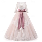 preiswerte Kleider für die Blumenmädchen-Blumenmädchenkleid Kinder Mädchen Prinzessinenkleid Leistung Hochzeit Party Elegant Schön Gitter Feste Farbe Langarm Rundhalsausschnitt Hellgelb Hellrosa 4 Jahre +