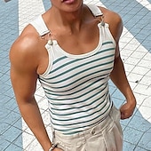 billige Treningsskjorter uten armer-Herre Singleter Underskjorte Ermeløs skjorte Ermeløs Crewneck Sommer Stribe Mote Designer Muskel Knapper utendørs Ut på byen Treningssenter Grønn Topp T-skjorte for menn