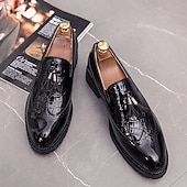 billiga Halvformell-Herrloafers i svart och vitt i lackkonstläder – krokodilpräglade tofsar med grov sula för Gatsby-fest, bröllop, bal, elegant nattliv