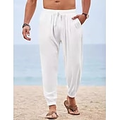 baratos Feriado-Homens Corredores Calças de linho Calças Calça verão Calças de praia Com Cordão Cintura elástica Tecido Conforto Respirável Comprimento total Ao ar livre Diário Feriado Férias Moda Preto Branco