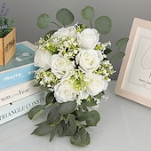 abordables Plantas y Flores Artificiales-Ramos de novia para boda, ramo de novia de flores artificiales de seda de eucalipto y rosa con aliento de bebé, flores artificiales estilo bosque para accesorios de fotografía de boda al aire libre