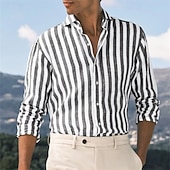 preiswerte Business Casual-Herren Hemd leinenhemd Sommerhemd Strandbekleidung Knopfhemd Gestreift Party Strasse Schwarz Rosa Rote Blau Langarm Kragen Sommer Bekleidung
