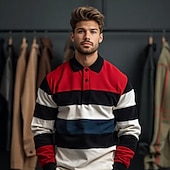 Men's Stripes Rugby Polo Cable Knit Polo Long Sleeve Polo Shirts Collared Shirts Casual Outdoor Athleisure 3D Print Spring Fall Red4